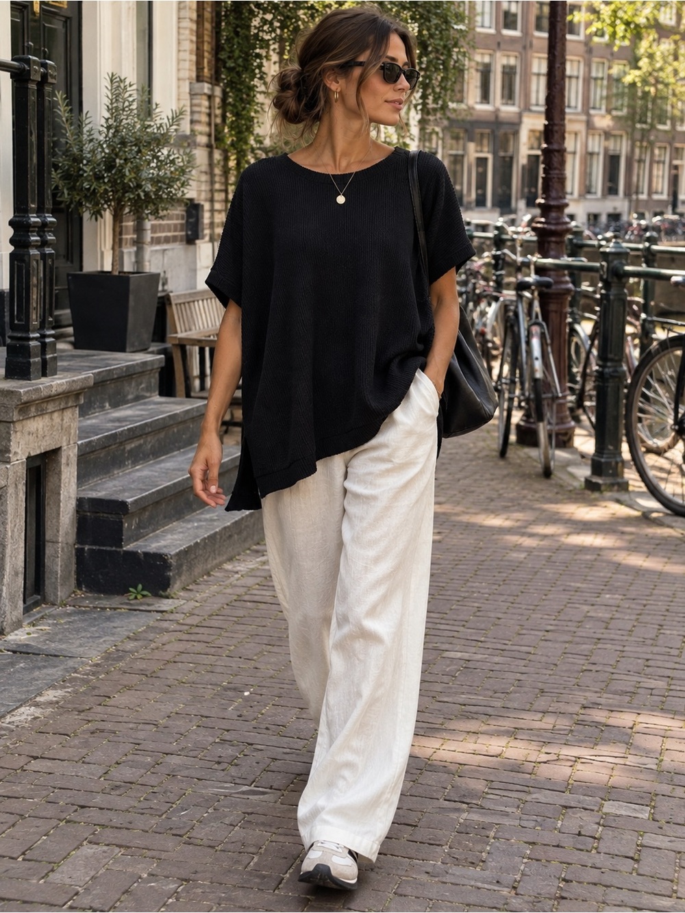 Three Bird Nest Black Oversized Textured Knit Dolman Tunic Top L Made USA